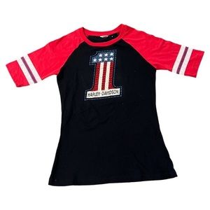 Harley Davidson red & black short sleeved women’s medium tee.